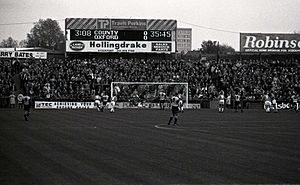 The Railway End of Edgeley Park, Stockport, during a match in 1994