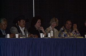 Three Affiliated Tribes Chairman Tex Hall, Secretary Gale Norton, and Yurok Tribe Chairwoman Susan Masten, far right to left, among officials leadingthe Bismarck, North Dakota meeti - DPLA - 2a974993ad8b25c2effb99e073550698.jpg