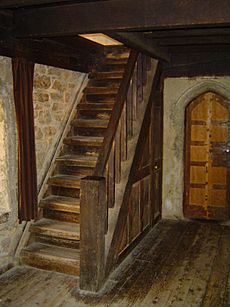 Wooden staircase in The Great Hall at Montsalvat