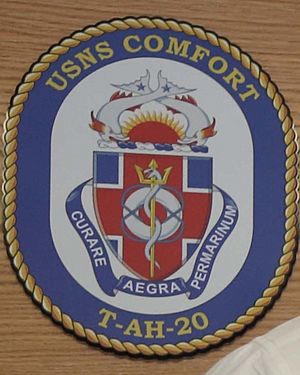 "CURARE AEGRA PERMARINUM" "T-AH-20" detail, from- USNS Comfort tour 150406-A-BK746-021 (cropped)
