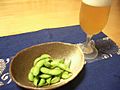 Beer and edamame (boild green soybeans)