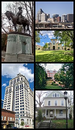 Collage of photos of Greensboro. Clockwise from top left: Statue of Nathanael Greene, Greensboro skyline, Blandwood Mansion, Foust Building at UNCG, historic home in College Hill, Lincoln Financial Tower on Elm Street