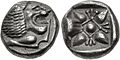 IONIA, Miletos. Late 6th-early 5th century BC. AR Obol (9mm, 1.07 g). Forepart of lion left, head right Stellate and floral design within incuse square