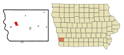 Location of Glenwood in Mills County and Iowa