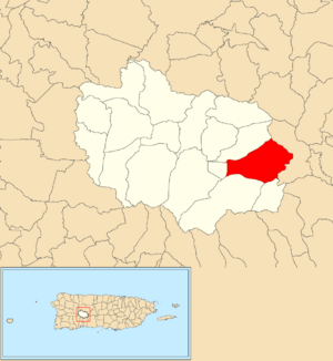 Location of Vegas Arriba barrio within the municipality of Adjuntas shown in red