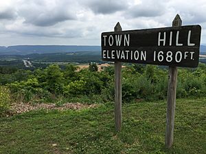 2016-06-25 13 23 58 View of the entrance sign and beyond towards Interstate 68 and U.S. Route 40 (National Freeway) at the Town Hill Overlook on Town Hill in eastern Allegany County, Maryland