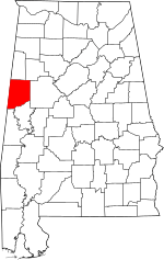 Map of Alabama highlighting Pickens County