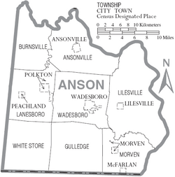 Map of Anson County North Carolina With Municipal and Township Labels