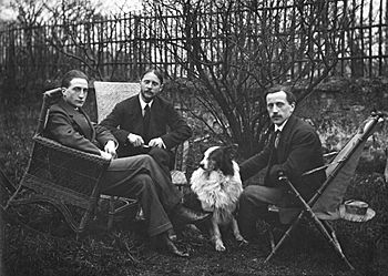 Marcel Duchamp, Jacques Villon, Raymond Duchamp-Villon in the garden of Villon's studio, Puteaux, France, c.1913