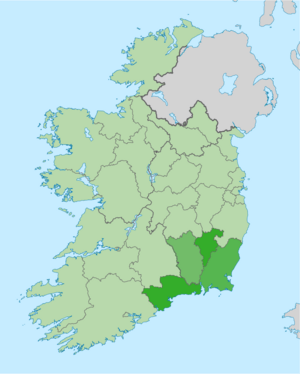 The South-East region of Ireland with each constituent county highlighted.