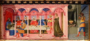 Domenico di bartolo, polittico di s. giuliana, 1438, da s. giuliana a pg, predella con storie del battista, 03 banchetto di erode