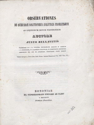 Giusto Bellavitis – Observationes de quibusdam solutionibus analyticis, 1847 - BEIC 6272808