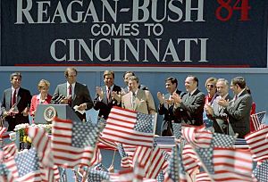 President Reagan during a trip to Cincinnati, Ohio at a Reagan-Bush Rally at Fountain Square (cropped)