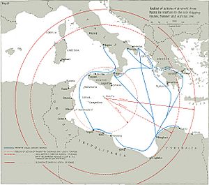 Radius of action of Allied aircraft from Malta in relation to Axis shipping routes, Summer and Autumn, 1941