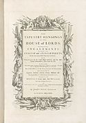 Titelpagina voor The Tapestry Hangings of the House of Lords, 1739 The Tapestry Hangings of the House of Lords representing the several engagements between the English and Spanish Fleets in the ever memorable Year MDLXX, RP-P-1987-34-A
