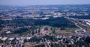 Aerial photograph of the Tualatin Hills Nature Park in 1998, Huber is in the foreground.