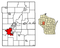 Location of Eau Claire in Eau Claire Countyand Chippewa County, Wisconsin.