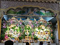Idols of Sri Sri Radha Madhava, Jagannath, Balarama, Subhadra and Chaitanya Mahaprabhu at the Temple of the Vedic Planetarium (ISKCON Mayapur) in Mayapur, Nadia, West Bengal, India