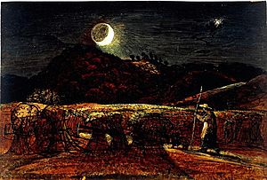 Palmer. A Cornfield by Moonlight with the Evening Star. Watercolour with bodycolour and pen and ink c.1830.