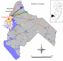 Map of Pennsville in Salem County. Inset: Location of Salem County in New Jersey.