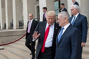 President Donald J. Trump departs from the Pentagon alongside Secretary of Defense James Mattis on January 27, 2017, in Washington, D.C. (32181624010)
