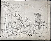 Roger Bacon conducting an alchemical experiment in a vaulted Wellcome V0025604