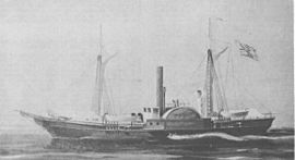 two-masted schooner, centered side wheel, tall centered smokestack