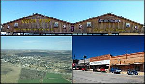 Top: Czech Stop & Little Czech Bakery, Bottom Left: Aerial view of the town of West, Texas — looking northeast, Bottom Right: View from Oak Street