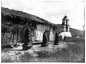 General view of Mission Asistencia of San Antonio at Pala, California, showing the chapel and bell tower from the north, ca.1903 (CHS-731)