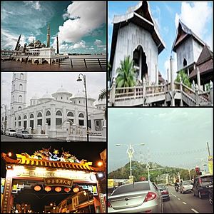 From top right clockwise: Terengganu State Museum, Tengku Mizan Road leading to the city, Chinatown, Abidin Mosque, and Crystal Mosque