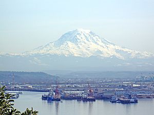 Mount Rainier overlooking the Port of Tacoma