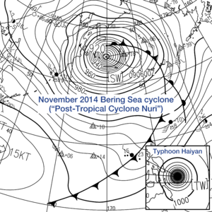 Post-Tropical Cyclone Nuri and Typhoon Haiyan surface analysis