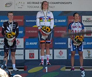 The podium of the women's time trial at the 2013 UCI Road World Championships (2)