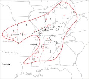 Black-and-white map showing state boundaries with meteorological features superimposed and indicated by red, silver, and black lines or symbols
