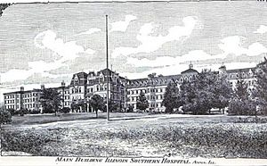 The Anna State Asylum, built in 1869 in the Kirkbride Plan was a rambling four-story structure, part of which was destroyed in separate incidents, but most of which is still standing as the central complex to the C.L. Choate Mental Health and Developmental Center.