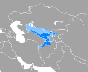 A map, showing that Uzbek is spoken throughout Uzbekistan, except the western third (where Karakalpak dominates) and northern Afghanistan
