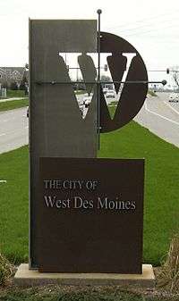 West Des Moines welcome sign on George Mills Civic Pkwy, just west of Interstate 35