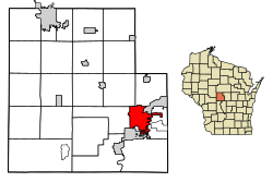 Location of Wisconsin Rapids in Wood County, Wisconsin.