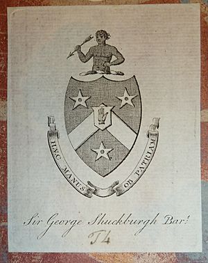 Armorial bookplate (with ms. shelf-mark "T4") of Sir George Augustus William Shuckburgh-Evelyn, 6th Baronet (1751-1804)