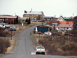 A westward view of downtown Naknek in the spring