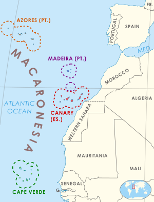 Map showing location of Canary, Azores and Cape Verde islands relative to Spanish mainland