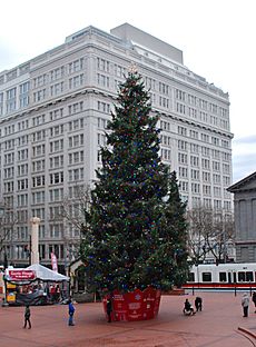 Pioneer Courthouse Square Christmas tree with Meier & Frank Bldg