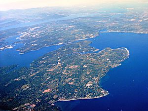 Aerial view of Bainbridge Island and Agate Passage in Olympic Peninsula
