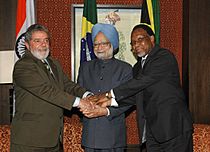 Manmohan Singh with the President of Brazil, Mr. Lula da Silva and the President of South Africa, Mr. Kgalema Motlanthe, at the Third Summit of the India, Brazil & South Africa (IBSA) Dialogue Forum, in New Delhi