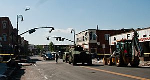 National Guard and state police secure Main Street in Springfield, MA; 2011 tornado outbreak