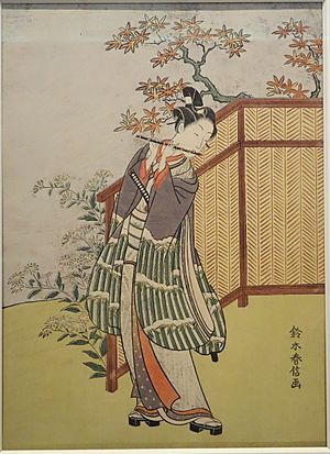Young Man Playing Flute, by Suzuki Harunobu, Edo period, 18th century - Tokyo National Museum - DSC06267