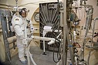 Samantha Cristoforetti in an EMU spacesuit in the 11-foot chamber