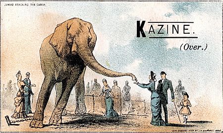 Advertising card for Kazine featuring Jumbo reaching for candy