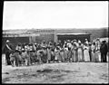 A group of more than 30 women and children Yaqui Indian prisoners under guard, Guaymas, Mexico, ca.1910 (CHS-1512)