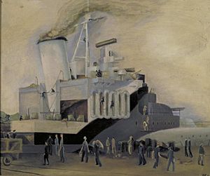 Camouflaging a Cruiser in Dock (Art. IWM LD 3016)